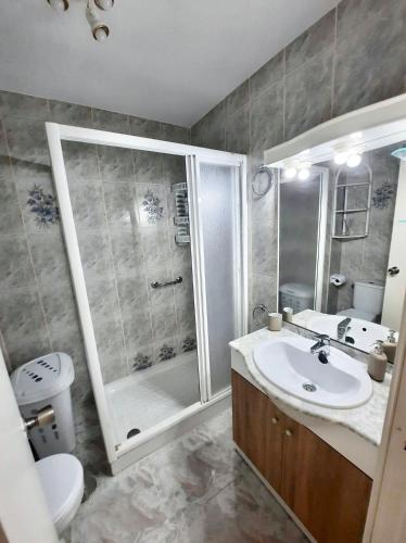 a bathroom with a shower and a sink and a toilet at Sinforosa Park Apartments in Torrevieja