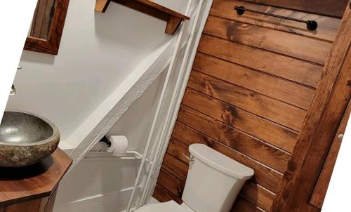 a bathroom with a toilet and a wooden wall at Graves Mountain Farm & Lodges in Syria
