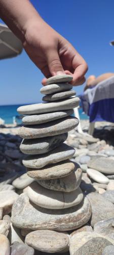 a personolithing a pile of rocks on a beach at Sea Salt Apartments in Samos