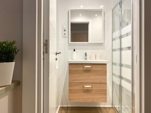 y baño con lavabo y ducha. en Precioso apartamento junto a Casco Viejo en Bilbao