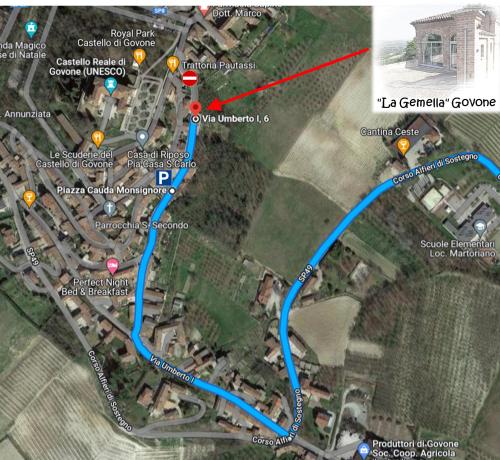 a map with a red arrow pointing to a german consulate at La gemella in Govone