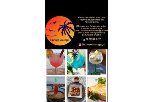 a collage of pictures of different drinks and cocktails at Arraial do Cabo. Cobertura Espetacular c Vista Mar in Arraial do Cabo