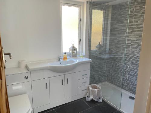 a bathroom with a sink and a glass shower at Cabin with Hot Tub in Aberdeenshire in Gamrie