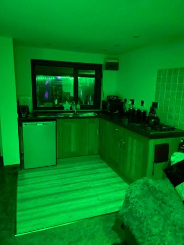 a green room with a kitchen with a sink and a stove at Bankhead Accommodation with Hot Tub in Aberdeenshire in Gamrie