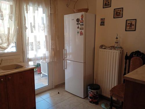 une cuisine avec un réfrigérateur blanc et une fenêtre dans l'établissement Sweet Home, à Vólos