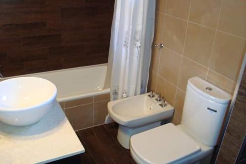 La salle de bains est pourvue de toilettes, d'un lavabo et d'une baignoire. dans l'établissement Roca, à San Martín de los Andes
