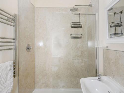 a bathroom with a shower with a sink and a toilet at Warbrook in Sutcombe