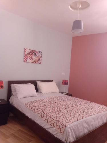 1 dormitorio con 1 cama y una pintura en la pared en French Apartment With restaurant en Taourirt