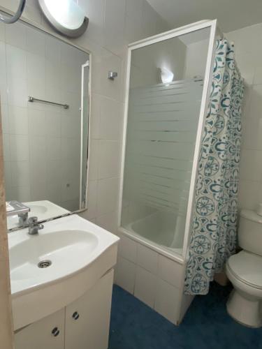 a bathroom with a shower and a sink and a toilet at Intimo Hotel Miraflores in Santiago