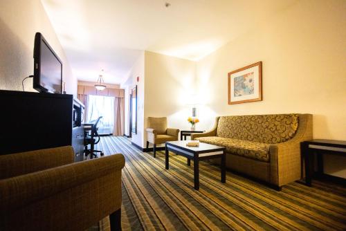 a living room with a couch and a tv at Holiday Inn Express Berkeley, an IHG Hotel in Berkeley