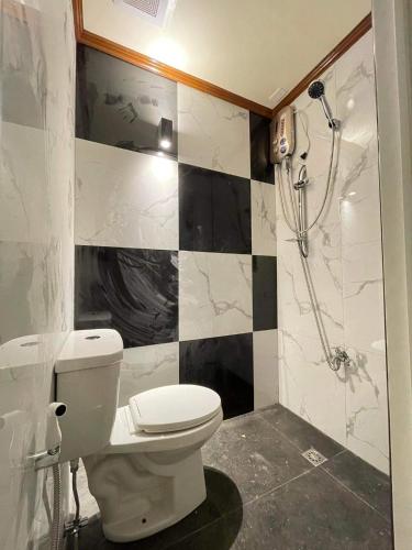 a bathroom with a toilet and a shower at Palompon kalimba de luna Villa Inn in Leyte