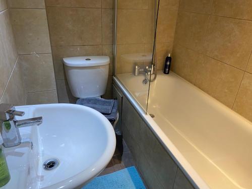 a bathroom with a sink and a toilet and a tub at Palm Bay Apartment in Margate