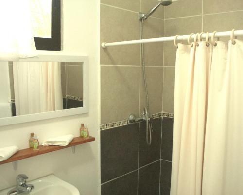 a bathroom with a shower curtain and a sink at Sol Pacifico Lodge in Cascajal