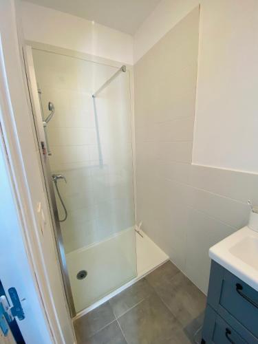 une salle de bain avec douche et lavabo dans l'établissement RDC Cozy Central Flat/Free Parking, à Boulogne-sur-Mer