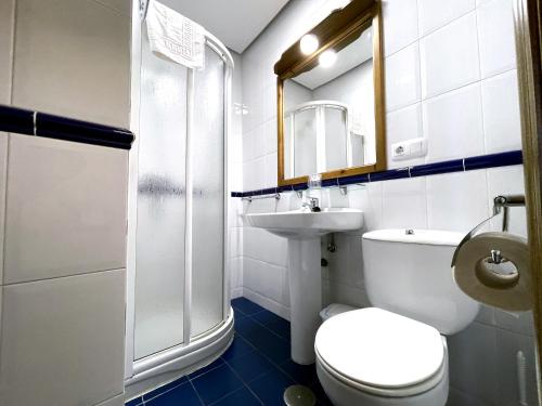 a bathroom with a toilet and a sink and a shower at La Guarida de la Lleira in Ferreras de Arriba