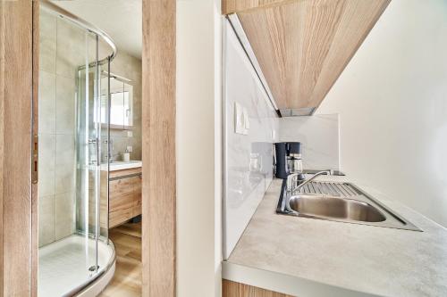 a kitchen with a sink and a glass shower at Adele Apartment in Kissamos