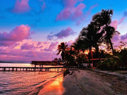 a sunset on the beach with palm trees and a pier at Poetry Garden Bocas Town Colon Island- Deluxe Bungalow Cabin-AC-Enjoy the Night Life in Bocas del Toro
