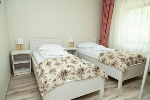 two twin beds in a room with a window at Pensiunea Casablanca in Reghin