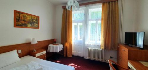 a bedroom with a bed and a tv and a window at Villa Dagmar in Luhačovice