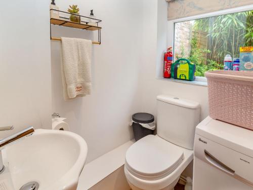 uma casa de banho com um WC branco e um lavatório. em Fox Bank Cottage em Macclesfield
