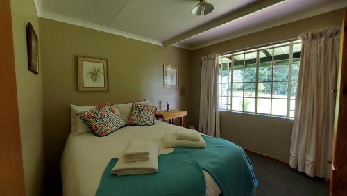 a bedroom with a bed with pillows and a window at Apple Blossom Cottage in Dullstroom