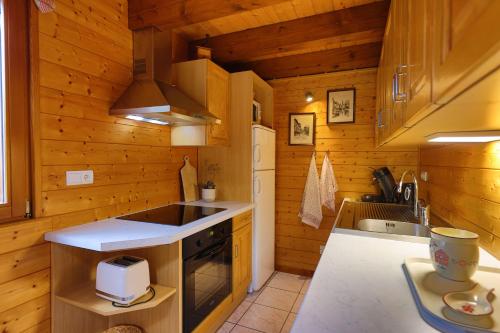 eine Küche mit Holzwänden, einem Herd und einer Spüle in der Unterkunft Chalet Anemone in Soultzeren