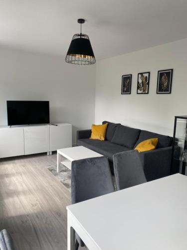 uma sala de estar com um sofá e uma televisão em Apartament Malczewskiego em Klodzko