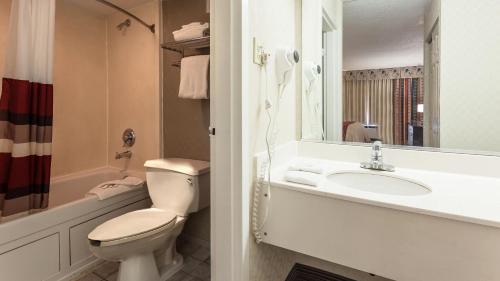 a bathroom with a toilet and a sink and a mirror at Red Roof Inn & Suites DeKalb in DeKalb