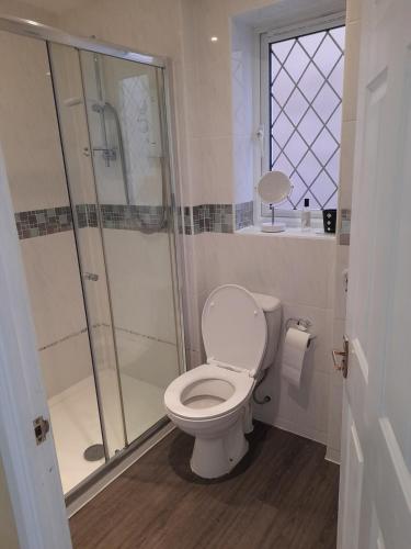 a white bathroom with a toilet and a shower at Private Guest Suite in Telscombe