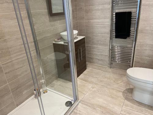 a bathroom with a shower and a toilet at The Granary in Stirling
