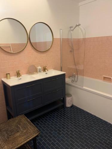 La salle de bains est pourvue d'un lavabo et d'une douche avec deux miroirs. dans l'établissement La tour de Jade, à Avallon