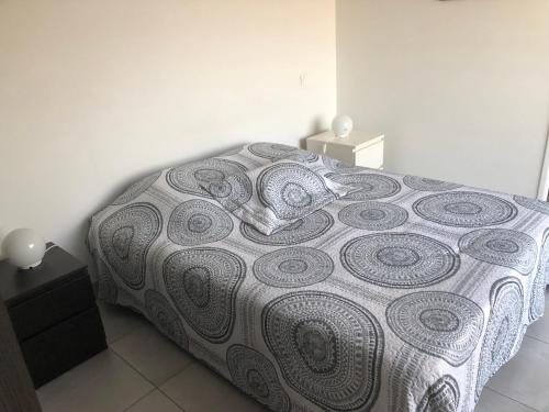 une chambre avec un lit avec une couverture dessus dans l'établissement Appartement a proximité du centre et de la Plage a Meze, à Mèze