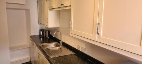 a kitchen with a sink and white cabinets at Fore Street Bodmin in Bodmin