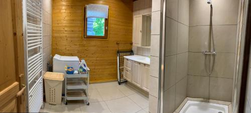 a small bathroom with a shower and a sink at CHALET LE MONTEBELLO in Bazeilles