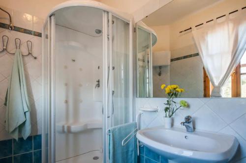 a bathroom with a sink and a shower at La Ripa - Appartamento Il Fienile in San Gimignano
