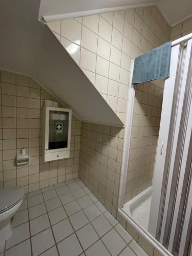 La salle de bains est pourvue d'une douche, d'un lavabo et de toilettes. dans l'établissement A Casa da Maria, à Horta