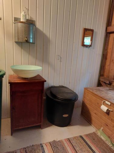 a bathroom with a sink and a trash can at Idyllinen mökki Laitilassa in Laitila