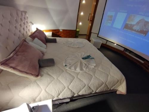 a bedroom with a white bed with a projection screen at ASGARD Spa in San Agustín