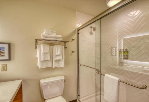 a bathroom with a shower and a toilet and towels at Holiday Inn - Appleton, an IHG Hotel in Appleton