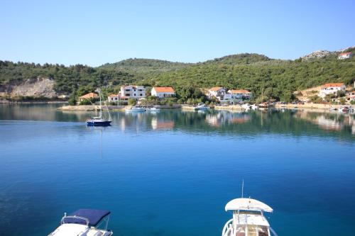 two boats in a body of water with houses at Double Room Zaglav 8144c in Zaglav