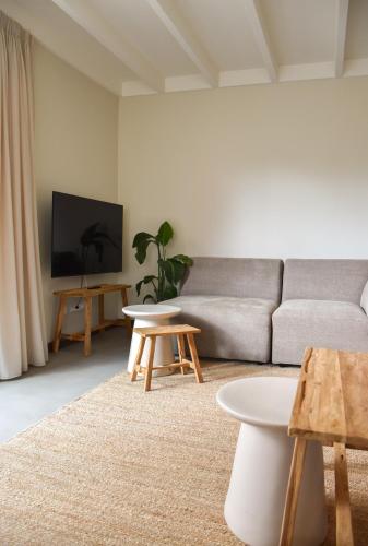 a living room with a couch and a tv at Van Heeckeren Apartments & Suites Nes in Nes