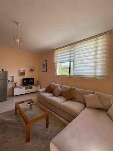 un soggiorno con un divano e un tavolo di Lisus Apartment a Vlorë