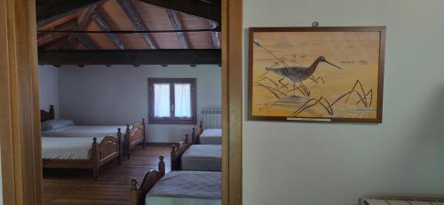 una habitación con varias camas y una foto de un pájaro en Isola della Cona - Riserva naturale Foce dell'Isonzo, 