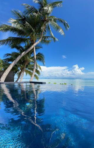 a swimming pool with a palm tree and the ocean at Villa Manolo in Ban Bang Makham