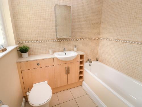 Un baño con inodoro, lavabo y bañera. en Trem Y Morfa, en Newport