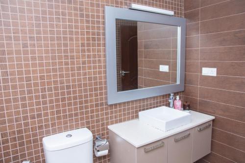 uma casa de banho com um WC, um lavatório e um espelho. em Entire Apartment in Tamarin Riviere Noire em Tamarin