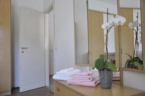 a bathroom with pink towels and a mirror at Appartamento Alba in Riva del Garda