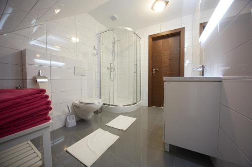 a white bathroom with a shower and a toilet at Apartamenty Siklawa Krupówki in Zakopane