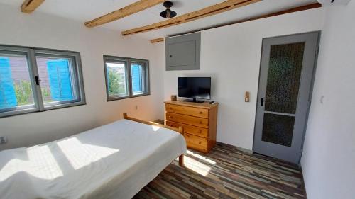 a bedroom with a bed and a tv and windows at Panna Cottage in Badacsonytomaj
