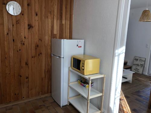 a microwave sitting on top of a refrigerator at Petite maison avec terrasse in Jurançon